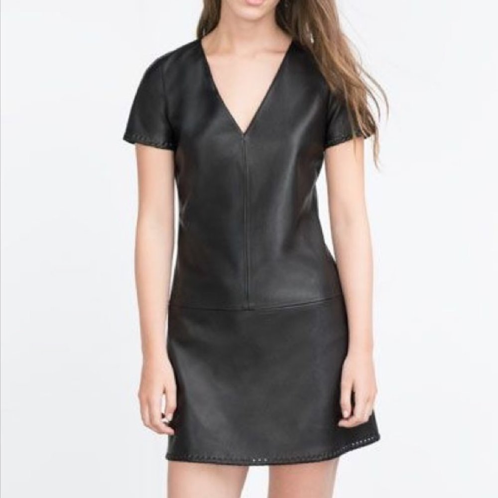 ZARA Trafuluc Black Faux Leather Mini Dress M